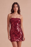 Burgundy Sparkly Sequins Bodycon Spaghetti Straps Short Cocktail Dress