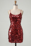 Burgundy Sparkly Sequins Bodycon Spaghetti Straps Short Cocktail Dress