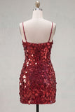 Burgundy Sparkly Sequins Bodycon Spaghetti Straps Short Cocktail Dress