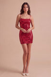 Red Sparkly Sequins Spaghetti Straps Bodycon Short Cocktail Dress