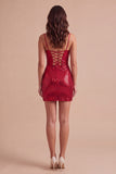 Red Sparkly Sequins Spaghetti Straps Bodycon Short Cocktail Dress