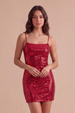 Red Sparkly Sequins Spaghetti Straps Bodycon Short Cocktail Dress