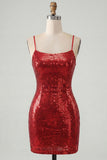 Red Sparkly Sequins Spaghetti Straps Bodycon Short Cocktail Dress