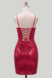 Red Sparkly Sequins Spaghetti Straps Bodycon Short Cocktail Dress
