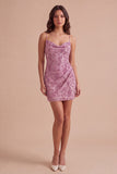 Dusty Rose Sparkly Beaded Floral Ruched Spaghetti Straps Short Cocktail Dress