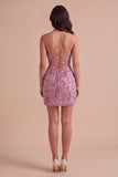 Dusty Rose Sparkly Beaded Floral Ruched Spaghetti Straps Short Cocktail Dress