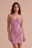 Dusty Rose Sparkly Beaded Floral Ruched Spaghetti Straps Short Cocktail Dress