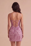 Dusty Rose Sparkly Beaded Floral Ruched Spaghetti Straps Short Cocktail Dress