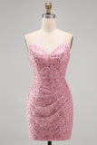 Dusty Rose Sparkly Beaded Floral Ruched Spaghetti Straps Short Cocktail Dress