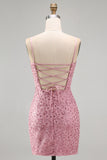 Dusty Rose Sparkly Beaded Floral Ruched Spaghetti Straps Short Cocktail Dress