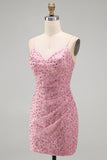 Dusty Rose Sparkly Beaded Floral Ruched Spaghetti Straps Short Cocktail Dress