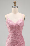 Dusty Rose Sparkly Beaded Floral Ruched Spaghetti Straps Short Cocktail Dress