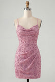 Dusty Rose Sparkly Beaded Floral Ruched Spaghetti Straps Short Cocktail Dress