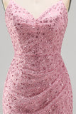 Dusty Rose Sparkly Beaded Floral Ruched Spaghetti Straps Short Cocktail Dress