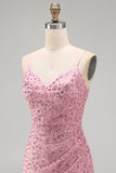 Dusty Rose Sparkly Beaded Floral Ruched Spaghetti Straps Short Cocktail Dress