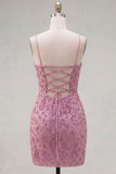 Dusty Rose Sparkly Beaded Floral Ruched Spaghetti Straps Short Cocktail Dress