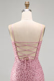 Dusty Rose Sparkly Beaded Floral Ruched Spaghetti Straps Short Cocktail Dress