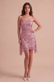 Dusty Rose Sparkly Sequins Floral Ruched Strapless Short Cocktail Dress