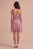 Dusty Rose Sparkly Sequins Floral Ruched Strapless Short Cocktail Dress