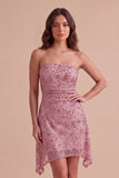 Dusty Rose Sparkly Sequins Floral Ruched Strapless Short Cocktail Dress