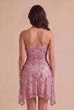 Dusty Rose Sparkly Sequins Floral Ruched Strapless Short Cocktail Dress