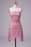 Dusty Rose Sparkly Sequins Floral Ruched Strapless Short Cocktail Dress