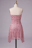 Dusty Rose Sparkly Sequins Floral Ruched Strapless Short Cocktail Dress