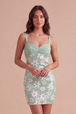 Sparkly Sequins Green Floral Thick Straps Bodycon Short Cocktail Dress