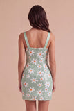 Sparkly Sequins Green Floral Thick Straps Bodycon Short Cocktail Dress