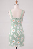 Sparkly Sequins Green Floral Thick Straps Bodycon Short Cocktail Dress