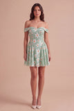 Sparkly Sequins Green Floral Off the Shoulder A-Line Short Cocktail Dress