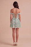 Sparkly Sequins Green Floral Off the Shoulder A-Line Short Cocktail Dress