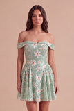 Sparkly Sequins Green Floral Off the Shoulder A-Line Short Cocktail Dress