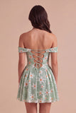 Sparkly Sequins Green Floral Off the Shoulder A-Line Short Cocktail Dress