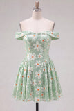 Sparkly Sequins Green Floral Off the Shoulder A-Line Short Cocktail Dress