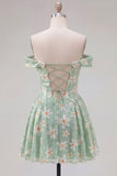 Sparkly Sequins Green Floral Off the Shoulder A-Line Short Cocktail Dress