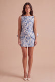 Pink Green Floral Jacquard Boat Neck Bodycon Short Cocktail Dress with Bow