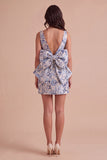 Pink Green Floral Jacquard Boat Neck Bodycon Short Cocktail Dress with Bow