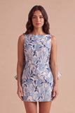 Pink Green Floral Jacquard Boat Neck Bodycon Short Cocktail Dress with Bow