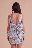 Pink Green Floral Jacquard Boat Neck Bodycon Short Cocktail Dress with Bow