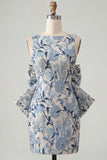 Pink Green Floral Jacquard Boat Neck Bodycon Short Cocktail Dress with Bow