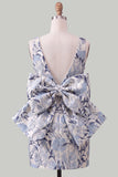 Pink Green Floral Jacquard Boat Neck Bodycon Short Cocktail Dress with Bow