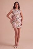 Pink Green Floral Jacquard Boat Neck Bodycon Short Cocktail Dress with Bow