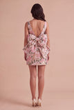 Pink Green Floral Jacquard Boat Neck Bodycon Short Cocktail Dress with Bow