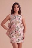 Pink Green Floral Jacquard Boat Neck Bodycon Short Cocktail Dress with Bow