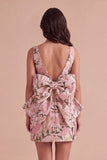 Pink Green Floral Jacquard Boat Neck Bodycon Short Cocktail Dress with Bow