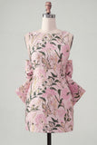 Pink Green Floral Jacquard Boat Neck Bodycon Short Cocktail Dress with Bow