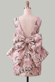 Pink Green Floral Jacquard Boat Neck Bodycon Short Cocktail Dress with Bow