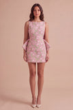 Pink Green Floral Jacquard Boat Neck Bodycon Short Cocktail Dress with Bow