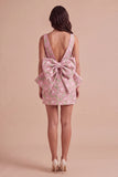Pink Green Floral Jacquard Boat Neck Bodycon Short Cocktail Dress with Bow